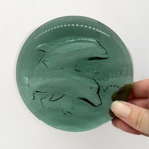 Green Gray Smoke Glass Dolphin Paperweight 4” Flat Round Disc